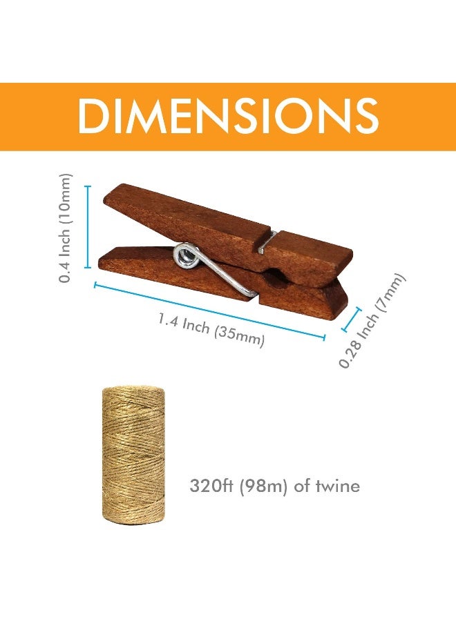 Millennial Essentials Mini Natural Wooden Clothespins with Jute Twine, 100pcs, 1.4 Inch Photo Paper Peg Pin Craft Clips with 320ft Natural Twine for Scrapbooking, Arts & Crafts, Hanging Photos (Rustic Brown) - Image 3